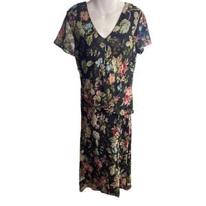 Vintage Positive Attitude Black Floral Beaded Maxi Elegant Evening Dress Sz 12P